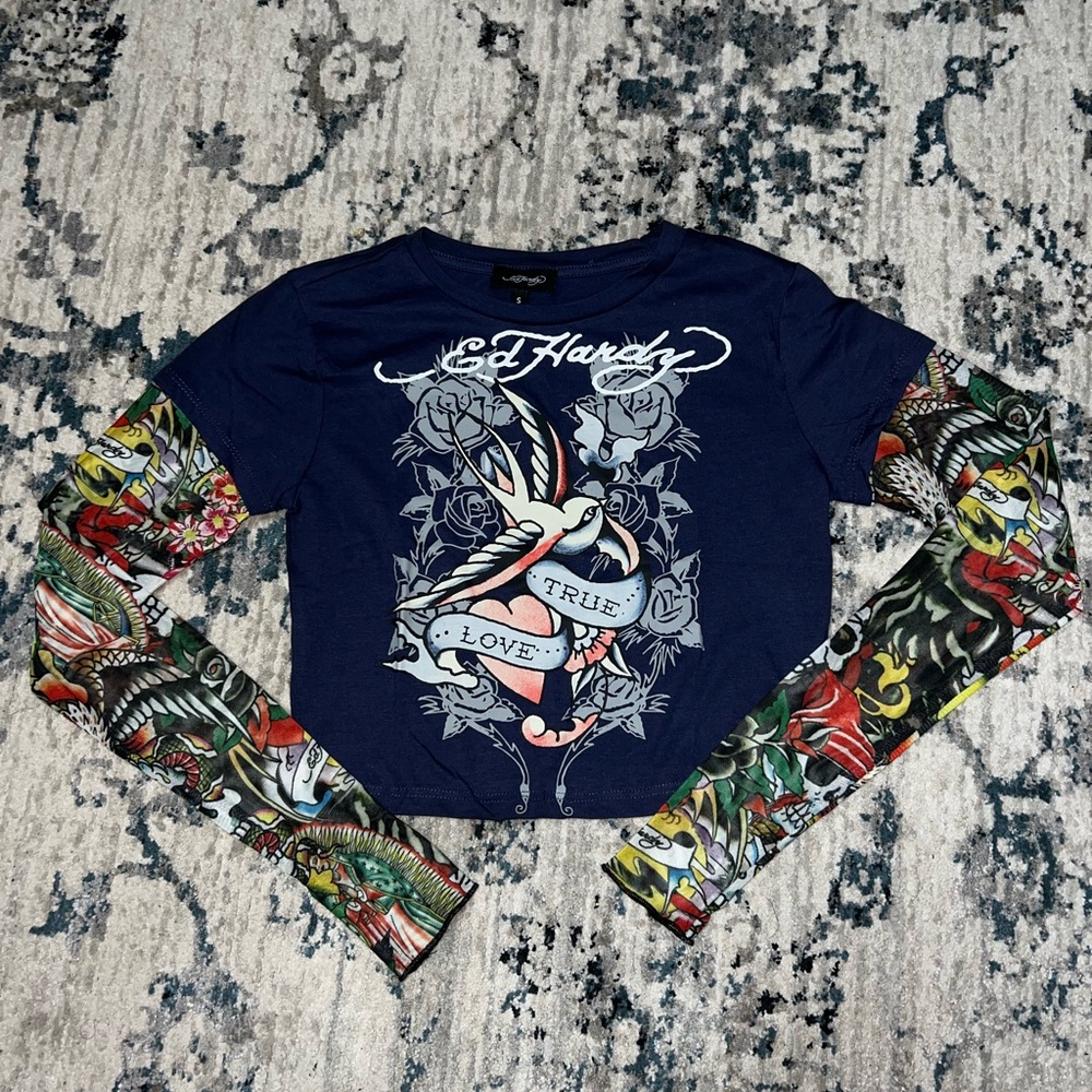 Hardy Swallow 2fer Midnight Pale Blue Long Sleeve Crop T-Shirt